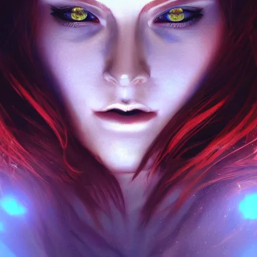 Image similar to redhead vampire sorceress, perfect face viewed in profile, bright glowing blue and silver eyes, gold shirt, cinematic, floating ash, stunning, highly detailed, artstation, smooth, hard focus, concept art, art by artgerm and greg rutkowski and alphonse mucha, volumetric lighting, octane render, 4 k resolution, trending on artstation, masterpiece