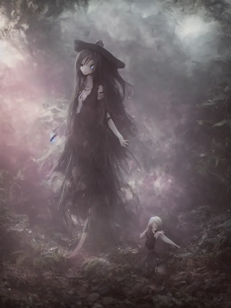 Image similar to cute fumo plush of a frail cursed witch girl wandering the depths of the forbidden jungle, gothic wraith maiden, wispy smoke and volumetric fog, beyond the mirror, filmic, symmetric beauty, vignette, vray