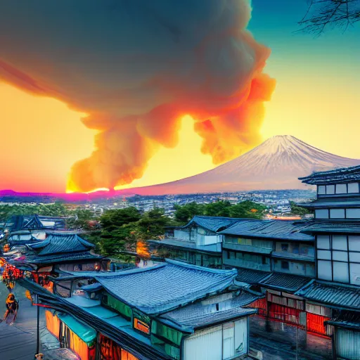 Image similar to japanese town on fire, sunset, 8k, high details, photorealistic, sharp