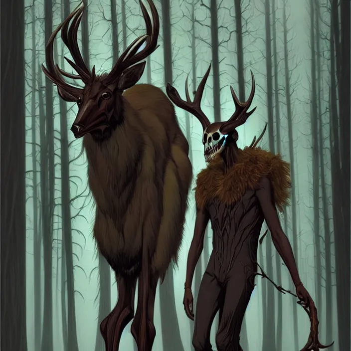 Image similar to rafeal albuquerque comic art, joshua middleton, artgerm : : wendigo monster with deer skull face, antlers, furry body, tall and lanky : : walking through the forest : : night time : : spooky, scary, fog