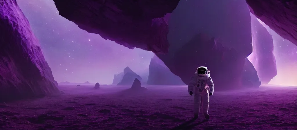 Image similar to astronaut on purple [ [ [ crystal ] ] ] caves, amethyst, beautiful dynamic lighting, nebula sky, cinematic, wide angle establishing shot, extremely high detail, photo realistic, cinematic lighting, matte painting, interstellar, greg rutkowski, roger deakins