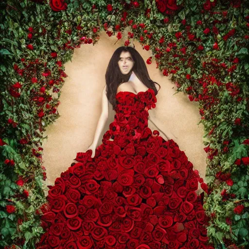 Prompt: full body image of a beautiful woman covered in ivy and red roses, ornate gown standing in a bed of roses, rim light, dynamic lighting, etherial lighting, ultra - detail, concept art, elegant