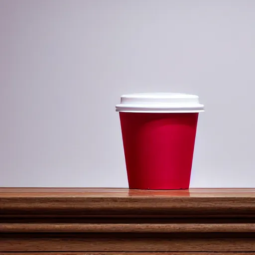 Image similar to an ultra high definition professional studio photograph, 5 0 mm f 1. 4 iso 1 0 0. the photo is set in a plain empty white studio room with a plain white plinth centrally located. the photo depicts a red cup on the plinth in the centre of the image. three point light.