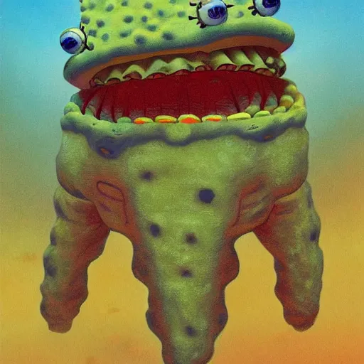 Image similar to painting of alien sponge creature that looks like spongebob, in the style of wayne barlowe