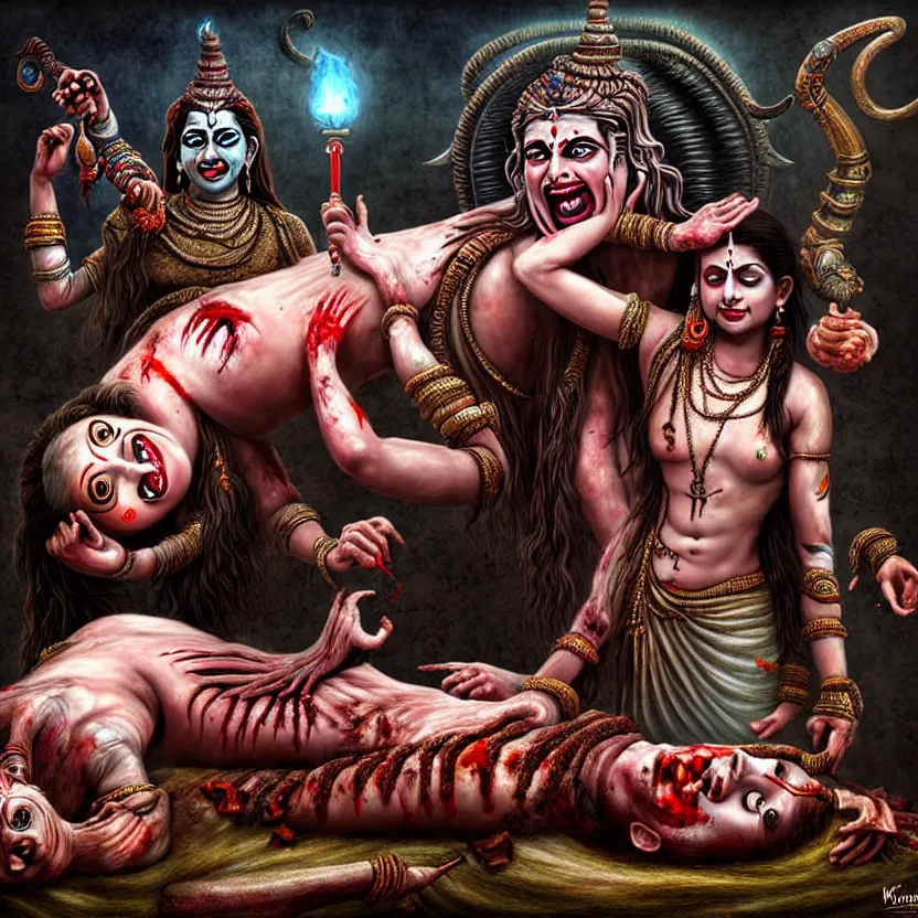 Image similar to kali with her tongue sticking out standing over the corpse of shiva, digital art, hyperrealistic nightmare scene, supernatural, highly detailed, creepy, terrifying