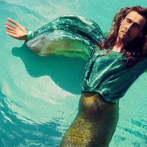 Image similar to Tom Hiddlestone as a beautiful mermaid sitting on a rock in the middle of a lake wearing a shiny silk jacket