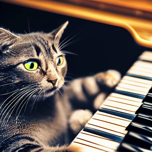 Prompt: colorful album cover art photo of a cat playing the grand piano