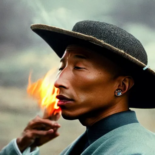 Image similar to cinematic film still Pharrell Williams starring as a Samurai holding fire, Japanese CGI, VFX, 2003, 40mm lens, shallow depth of field,film photography