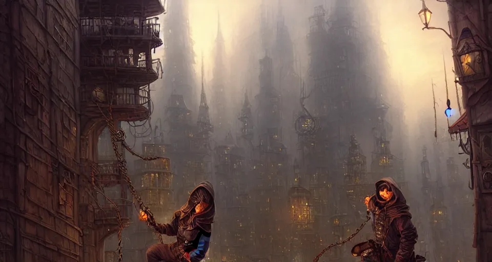 Prompt: landscape painting of a hooded thief in leathers using a rope to climb a tall metal steampunk buildings with a fantasy city, fine details, andreas rocha, magali villeneuve, artgerm, rutkowski