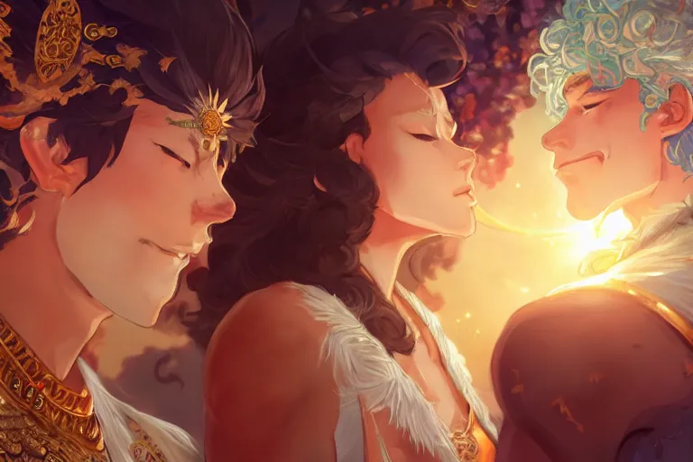 Image similar to close up moment of a divine a sun god and a moon goddess lovers magician at a wedding banquet, highly detailed, d & d, fantasy, 4 k realistic, digital painting, trending on artstation, concept art, sharp focus, illustration, art by makoto shinkai and akihiko yoshida and daniel gerhartz