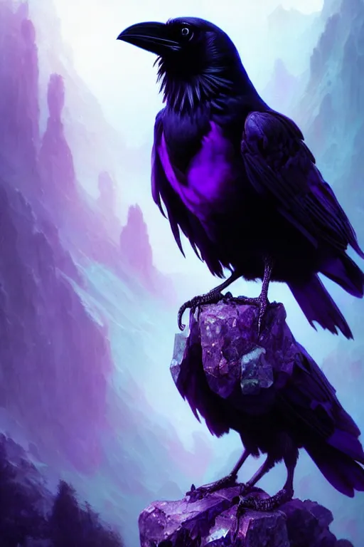 Image similar to portrait of a beautiful one raven perched on purple crystals that are glowing in a misty valley, establishing shot, extremly high detail, foto realistic, cinematic lighting, by yoshitaka amano, ruan jia, kentaro miura, artgerm, post processed, concept art, artstation, raphael lacoste, alex ross