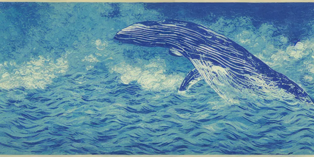 Image similar to An aesthetically pleasing, dynamic, energetic, lively, well-designed digital art of a whale, ripples, waves, sea foam, light and shadow, ocean caustics, aizome patterns, shin-hanga by Claude Monet, traditional Japanese colors, superior quality, masterpiece, excellent use of negative space.