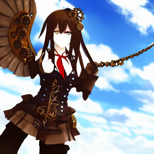 Image similar to a smug anime girl with steampunk wings and steampunk weapons, steampunk armor, extremely detailed, cinematic lighting, anime, sunny, sky, clouds,