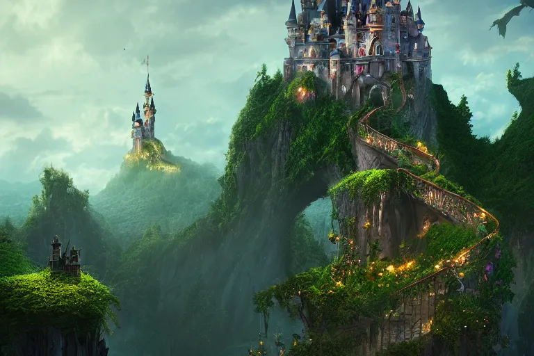 Image similar to elegant castle of dreamland, fairy architecture, spires, vines, cinematic lighting, octane render, high definition, trending on artstation, digital art, love