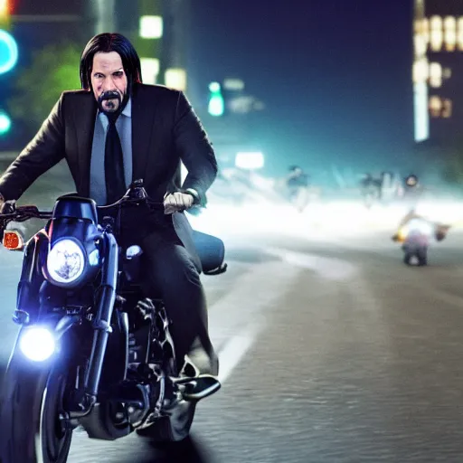 Image similar to chibi john wick riding a sports motorbike at night, movie still, 4 k