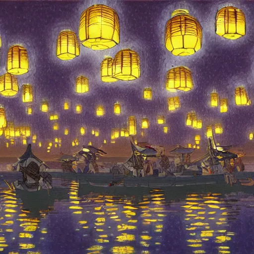 Image similar to concept art, river lanterns on the eve of ullambana festival, high resolution, by james gurney, katsushika hokusai, fujishima takeji, hiroshi yoshida, artstation