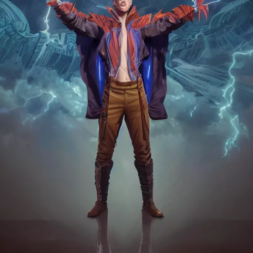 Prompt: character concept, wide angle, full body, symmetrical head - on centralized, young man with advanced clothes. detailed, high quality, dynamic lightning, fantasy, scenematic. artwork by artgerm, wlop, alex ross, greg rutknowski, alphonse mucha