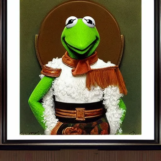 Image similar to kermit the frog : : framed : : fancy portrait : : decorated military uniform : : 8 k, highly detailed, clean lines, line work, intricate : : painting by john william godward