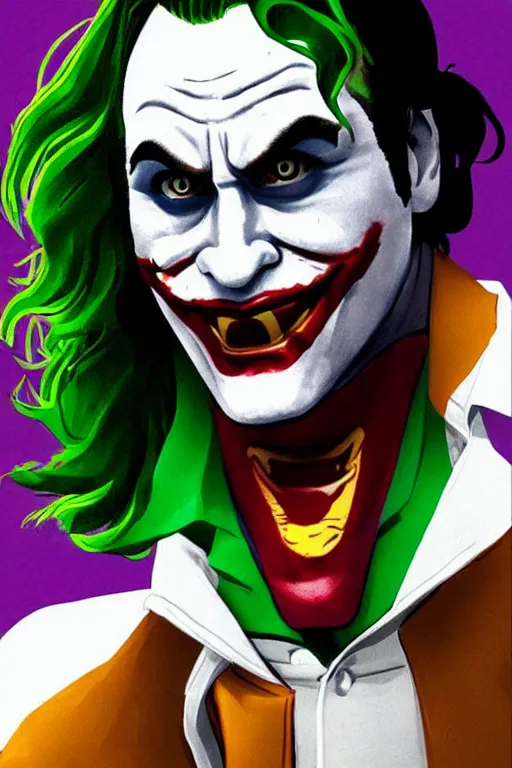 Image similar to new joaquin phoenix joker comic panel, remove duplicate content!!!!, violet polsangi pop art, gta chinatown wars art style, bioshock infinite art style, incrinate, realistic anatomy, hyperrealistic, green and purple color, white frame, content balance proportion