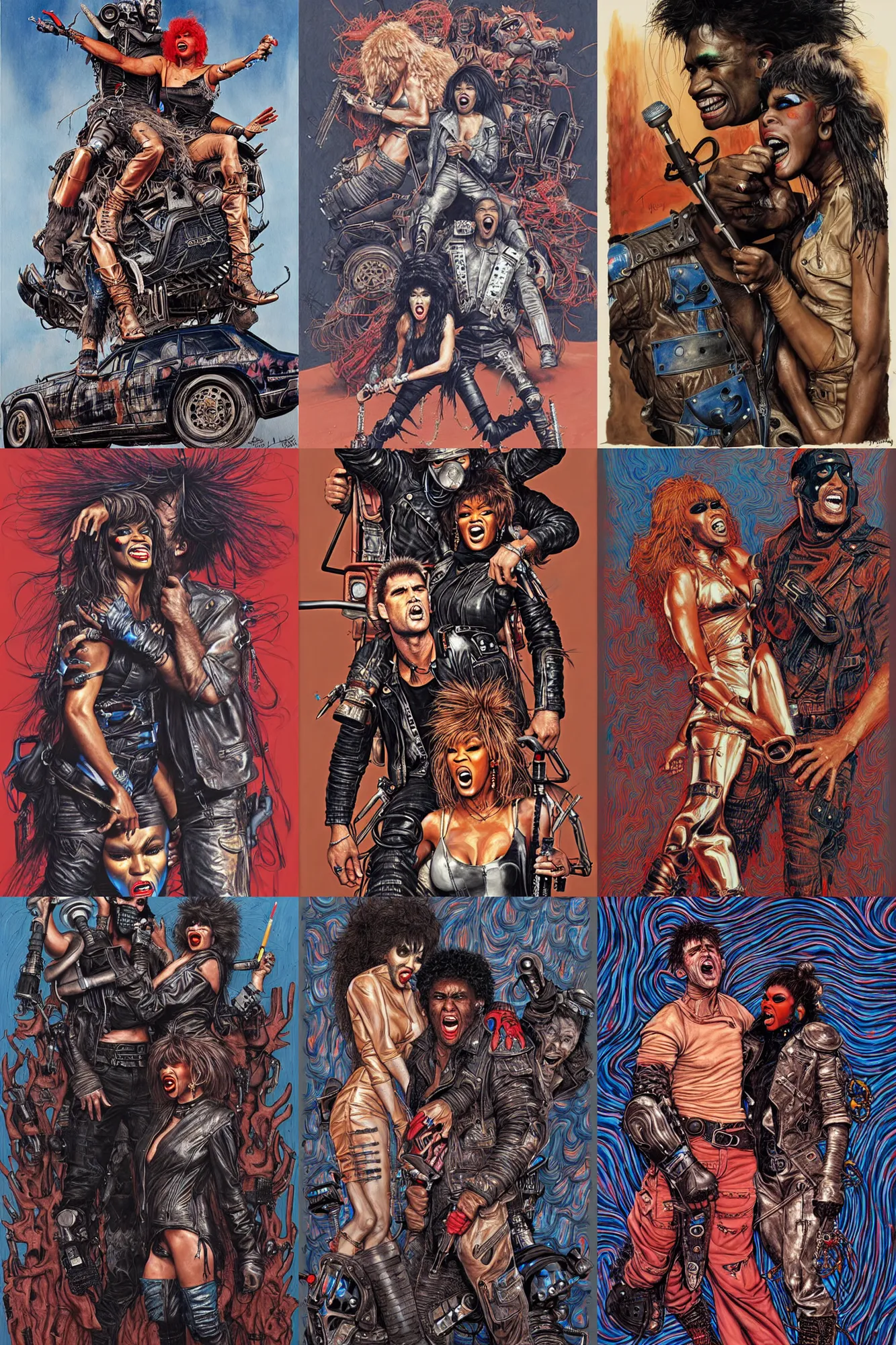 Prompt: mad max and tina turner singing we don't need another hero, painting by james jean, very detailed, very thunderdome