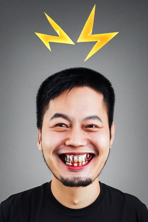 Prompt: portrait of asian hacker grinning with gold teeth and a lightning bolt face tattoo