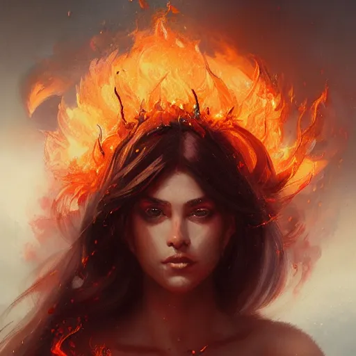 Image similar to a beautiful portrait of a fire goddess, flaming background, a detailed painting by greg rutkowski and raymond swanland, featured on cgsociety, fantasy art, detailed painting, artstation hd, photorealistic