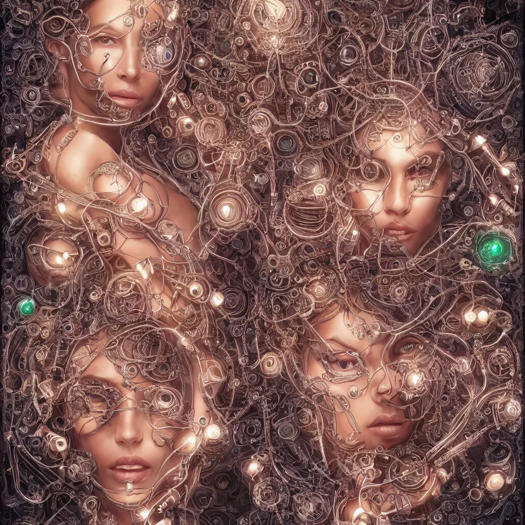 Prompt: one very beautiful woman integrating with technology, full face frontal centered, portrait, insipiring, detailed intricate ornate cables connected to head, big open electric eyes, luxurious detailed abundent wiring and implants, diamonds, sci-fi, neon, emeralds, detailed technology full background, highly detailed, artstation, Rene Lalique and Eddie Mendoza and Hiroshi Nagai