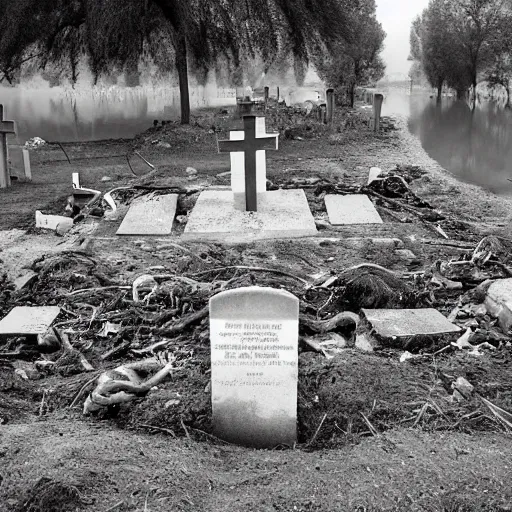 Image similar to The land art shows a grave that has been flooded with water. The grave is located in a cemetery in Italy. The water in the grave is dirty and there is trash floating in it. The grave is surrounded by a fence. by Johannes Voss desaturated