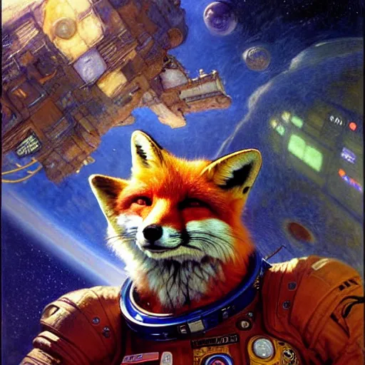 Image similar to portrait of a male fox wearing a space suit in a space ship. shadowrun furaffiniy cyberpunk fantasy highly detailed painting by gaston bussiere craig mullins jc leyendecker gustav klimt artgerm greg rutkowski john berkey, bergey, craig mullins, ruan jia, raymond swanland, jeremy mann, tom lovell, alex malveda