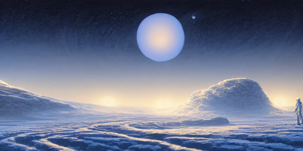 Prompt: painting a snowy landscape under a huge gas giant planet encompassing the horizon, decorated, intricate, elegant, highly detailed, digital painting, artstation, concept art, smooth, sharp focus, illustration, art by gerald brom, 8 k