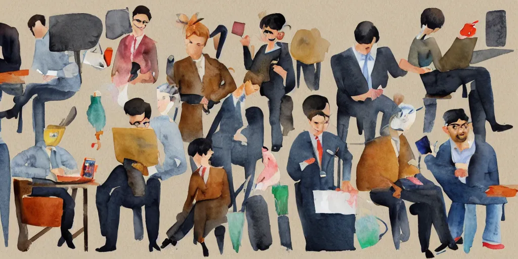 Image similar to watercolor illustration style, group of office cats in jackets research different projects, business, inspiring art