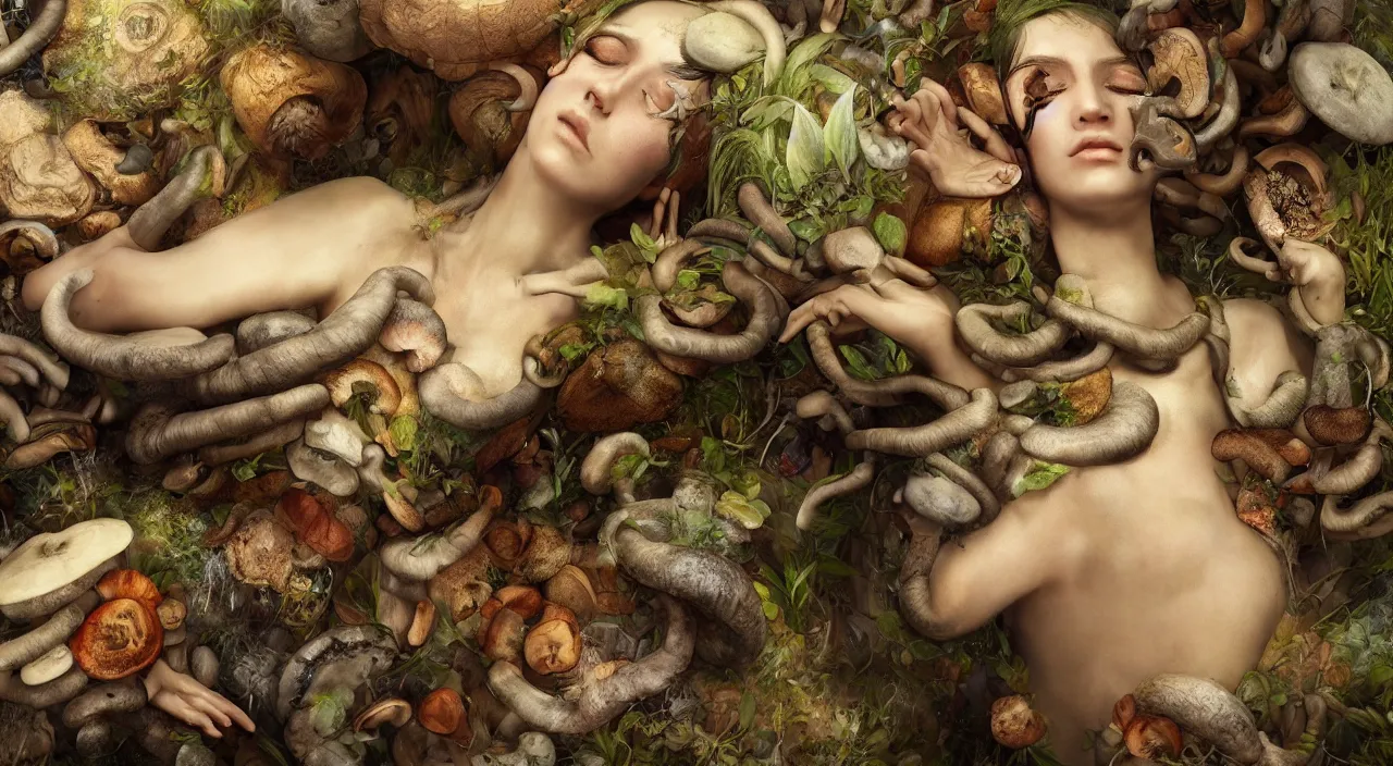 Image similar to a bio - mechanical pretty sleeping giant woman with mushrooms as camouflage highly detailed, cinematic, perfect face, cyberpunk, fine details, studio lighting, subtle shadows, art by hieronymus bosch, photo - realism, hyper realism, octane render