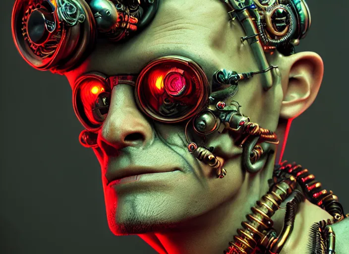 Image similar to an intricately detailed ultra - realistic unreal engine 5 rendering of a portrait of steampunk cyberpunk neon - bordered cyborg zombie frankenstein, concept art, intricate details, eerie, highly detailed, photorealistic, octane render, 8 k uhd art by kilian eng