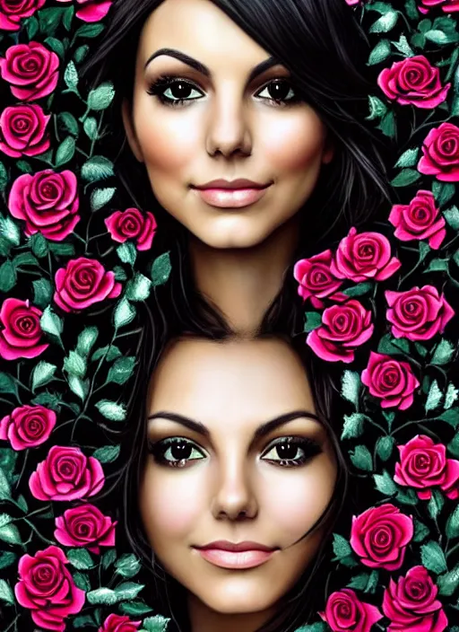 Image similar to amazingly complex portrait of Victoria Justice laying in a bed of black roses as a goddess staring curiously at you. soft detailed painting at 16K resolution and amazingly epic visuals. epically beautiful image. amazing effect, image looks gorgeously crisp as far as it's visual fidelity goes, absolutely outstanding. vivid clarity. ultra detail. iridescent. mind-breaking. mega-beautiful pencil shadowing. beautiful face. Ultra High Definition. soft shading. soft texture. intensely beautiful.