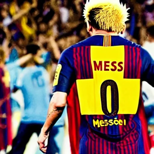 Prompt: Lionel Messi as legendary super Saiyan, as photograph