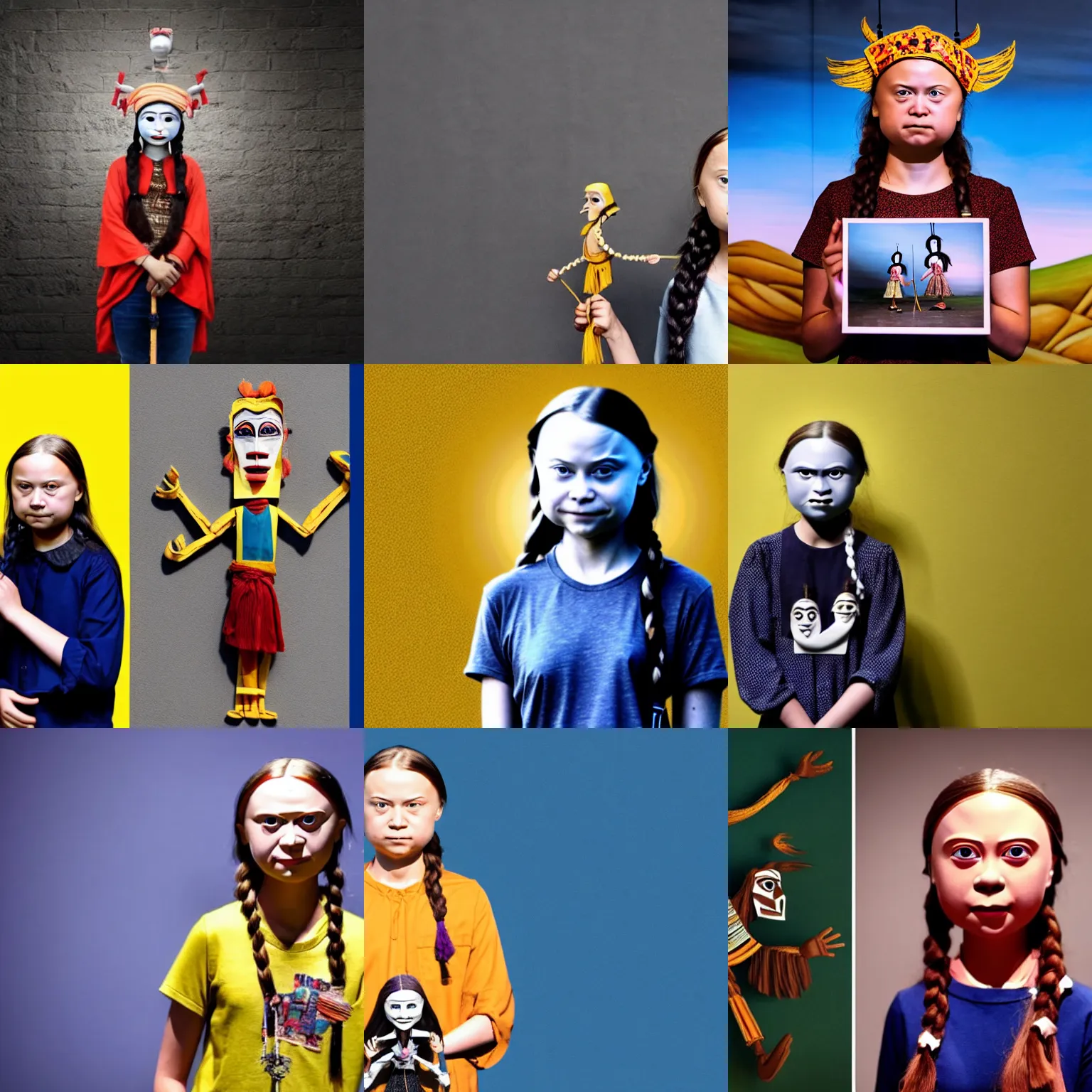 Prompt: greta thunberg as wayang kulit, studio lighting, random wall or scenery background