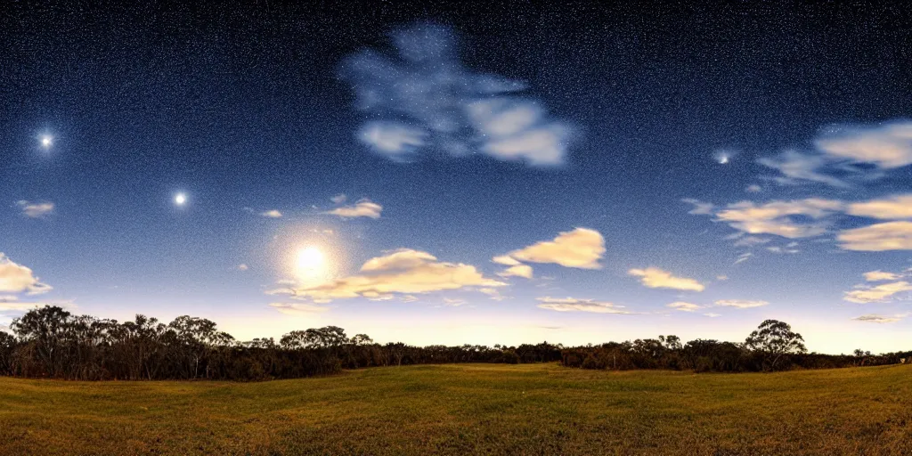 Prompt: skybox clear winter sky with puffy clouds, stars, moon, exr, hdri, polyhaven