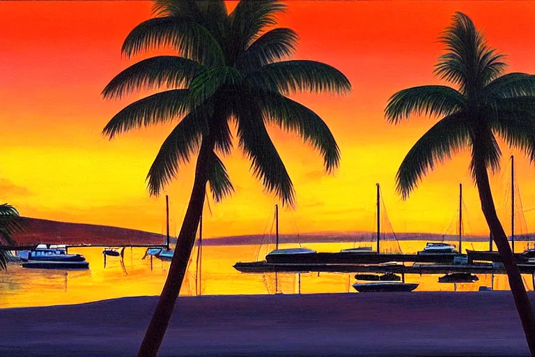 Image similar to Lahaina Maui harbor, sunset with palms, by Miyazaki, oil painting