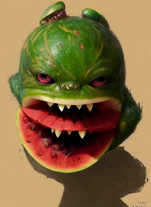 Image similar to hyper realistic photography portrait of smiling gremlin with a watermelon helmet cinematic, greg rutkowski, brom, james gurney, mignola, craig mullins, artstation, cgsociety