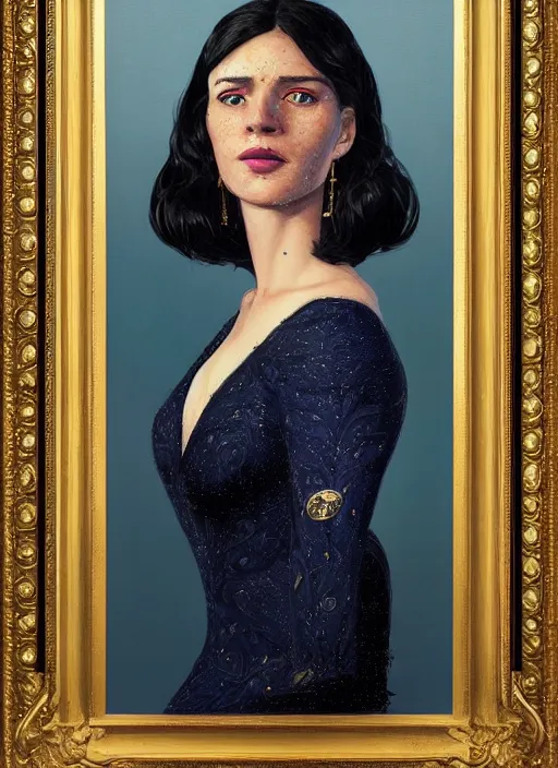 Image similar to portrait of a queen with green eyes and freckles, dressed in a navy blue gown with gold embroidered details, dark brown hair, detailed face, fantasy, cinematic lighting, digital art painting, fine details by realistic shaded lighting poster by ilya kuvshinov katsuhiro otomo, magali villeneuve, artgerm, jeremy lipkin and michael garmash and rob rey