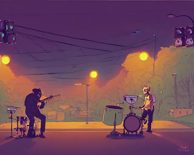 Image similar to a study of cell shaded cartoon of a two man band playing a microKorg synthesizer and drums floating above a country road, street lamps, road, illustration, wide shot, subtle colors, post grunge, concept art by josan gonzales and wlop, by james jean, Victo ngai, David Rubín, Mike Mignola, Laurie Greasley, highly detailed, sharp focus, Trending on Artstation, HQ, deviantart, art by artgem