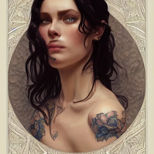 Image similar to ultra realistic illustration, a hot brunette tattooed slavic woman in her late 2 0's, intricate, elegant, highly detailed, digital painting, artstation, concept art, smooth, sharp focus, illustration, art by artgerm and greg rutkowski and alphonse mucha