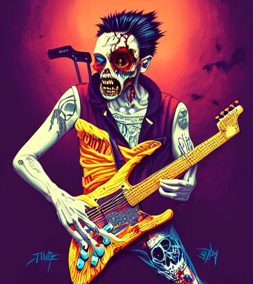 Image similar to a zombie punk rocker playing electric guitar, tristan eaton, victo ngai, artgerm, rhads, ross draws