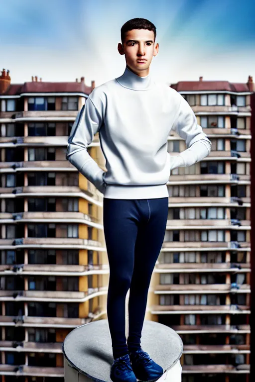 Image similar to un ultra high definition studio quality photographic art portrait of a young man standing on the rooftop of a british apartment building wearing soft padded silver pearlescent clothing. three point light. extremely detailed. golden ratio, ray tracing, volumetric light, shallow depth of field. set dressed.