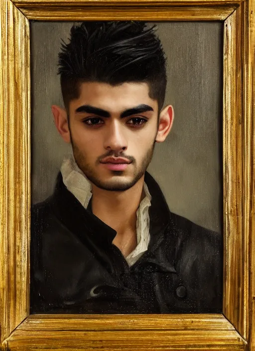 Image similar to head and shoulders portrait painting of young man who looks like zayn malik as an elf by jeremy mann, wearing leather napoleonic military style jacket, only one head single portrait, pointy ears, black background, soft top lighting, dark and moody, shadowed, contrast