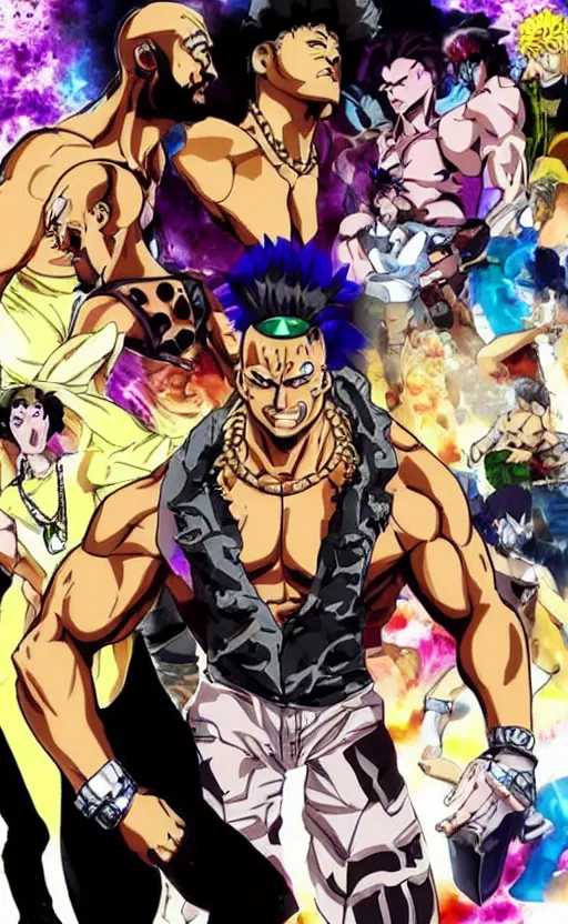 Image similar to Dwayne Johnson in JoJo's bizarre adventure anime style