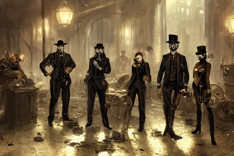 Prompt: glamor shot of a four person criminal gang, gothic, steampunk, in a brass and stone cesspool industrial environment with baroque gold trim by raymond swanland, moody noir lighting, cinematic concept painting by greg Rutkowski, old time civil war photograph