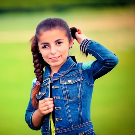 Image similar to a young spanish girl plays on a great green meadow, she wears a jacket, jeans and boots, she has two ponytails, photo taken by a nikon, highly detailed, sharp focus