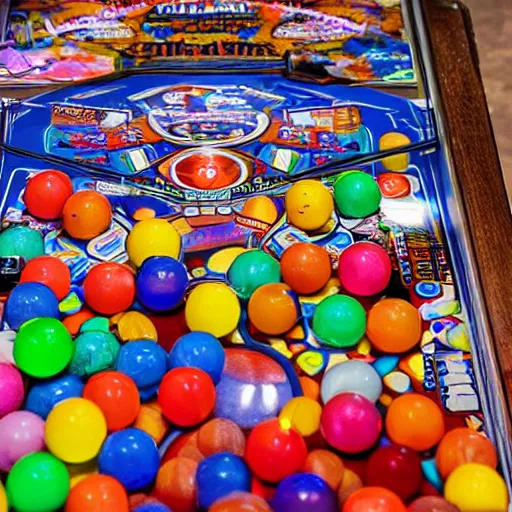 Image similar to a pinball machine overflowing with coloured marbles