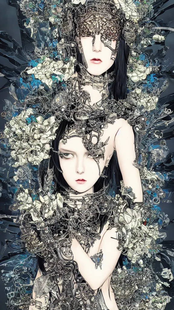 Image similar to cyberpunk fashion a beautiful black haired woman with pale skin and a crown on her head sitted on an intricate metal throne skin wrapped in flowers and wired, vintage style, by yoichi hatakenaka, masamune shirow, josan gonzales and dan mumford, ayami kojima, takato yamamoto, barclay shaw, karol bak, yukito kishiro